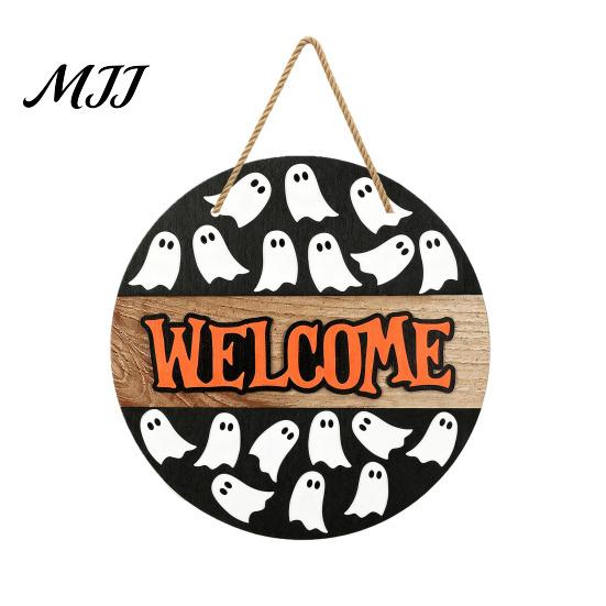 Eye-catching Halloween Sign Hanging Door Sign, Wooden Front Hanger Wreath, Cute Haunted House Ghost Welcome for Porch Wall Indoor Home Decoration
