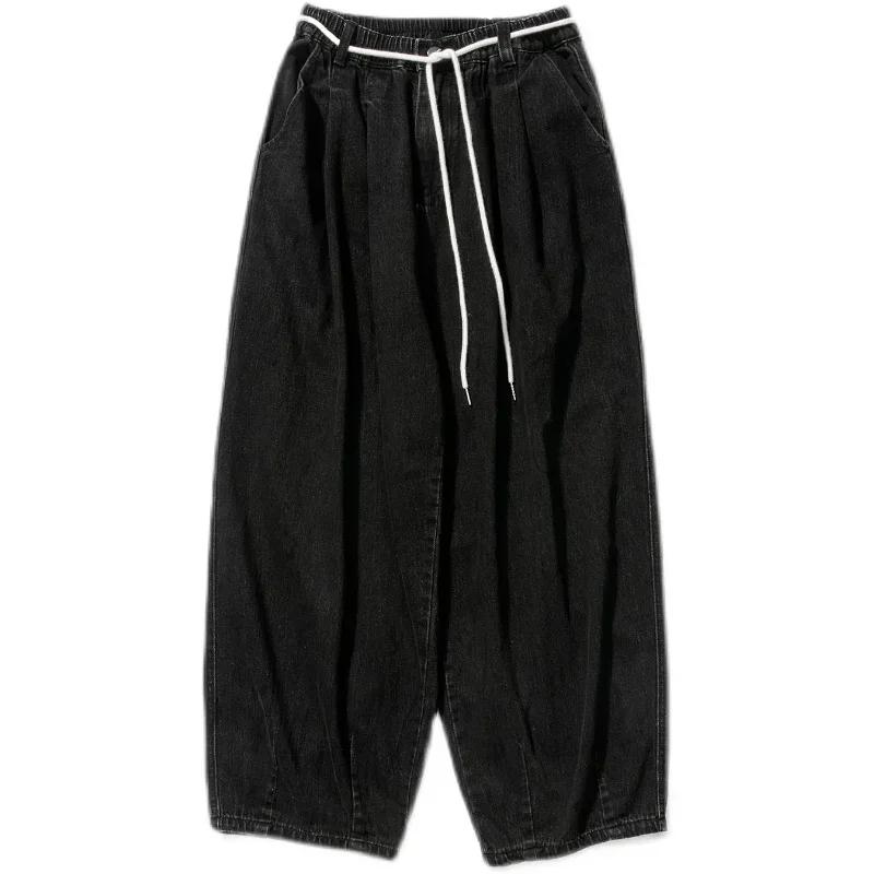 2026 Spring Autumn Men Loose Denim Pants Men Vintage Elastic Waist Jeans Pants Male Hip Hop Cotton Wide Leg Trousers