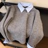 Fake Two Sweaters Women Autumn Winter Knitwear Pullover Casual Long Sleeve Shirts Collar Pullovers Tops Knitted Jumper