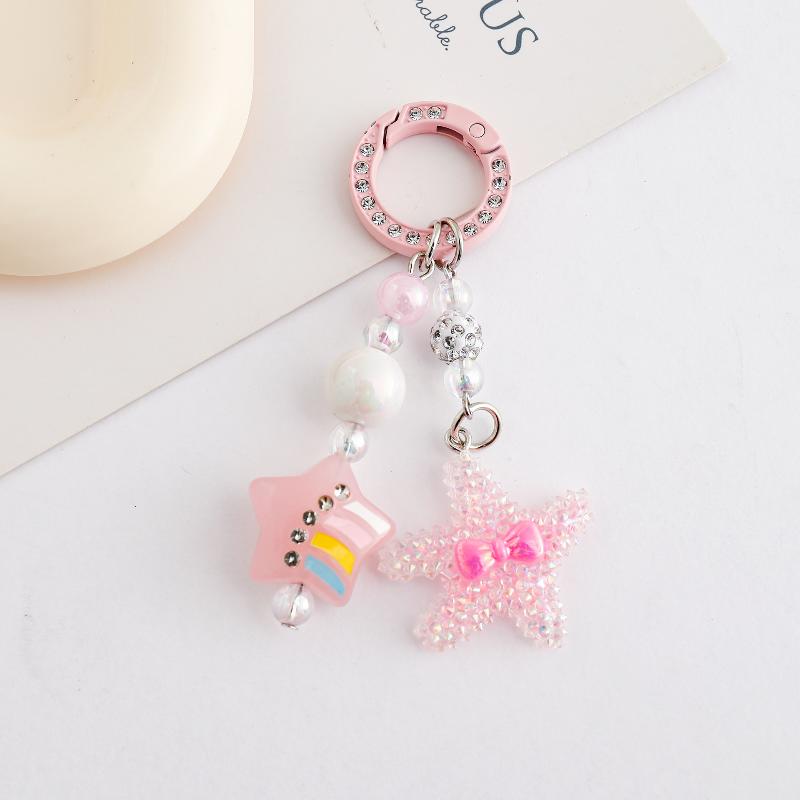Starfish Beaded Keychain Imitation Pearl Acrylic Pentagram Keyring Girls Earphone Case Phone Decor Ornaments