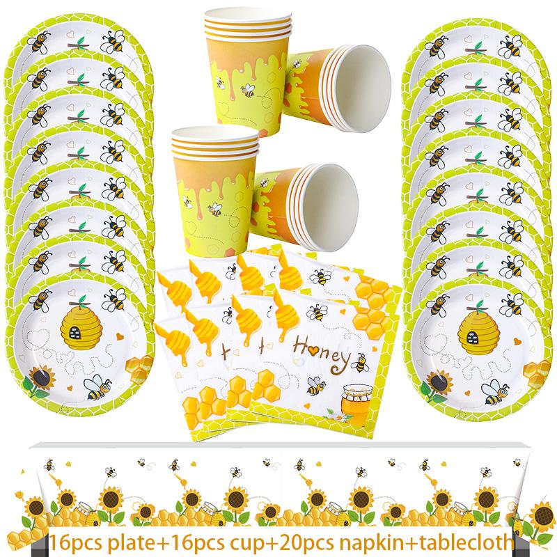 Bee Party Decorations Bee Pattern Disposable Paper Plate Cup Napkin Tablecloth for Gender Reveal Baby Shower Birthday Supplies