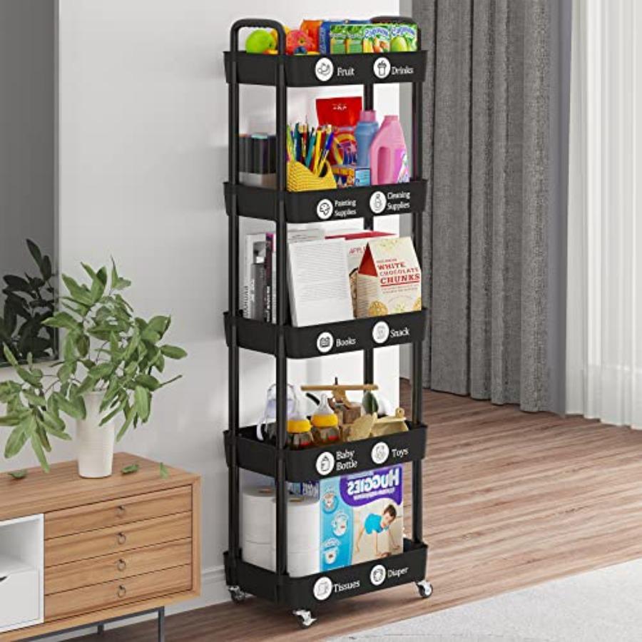Multifunction Utility Rolling Cart 5-Tier Plastic Metal Storage Organizer Black Lockable Wheels Modern Style Indoor Use