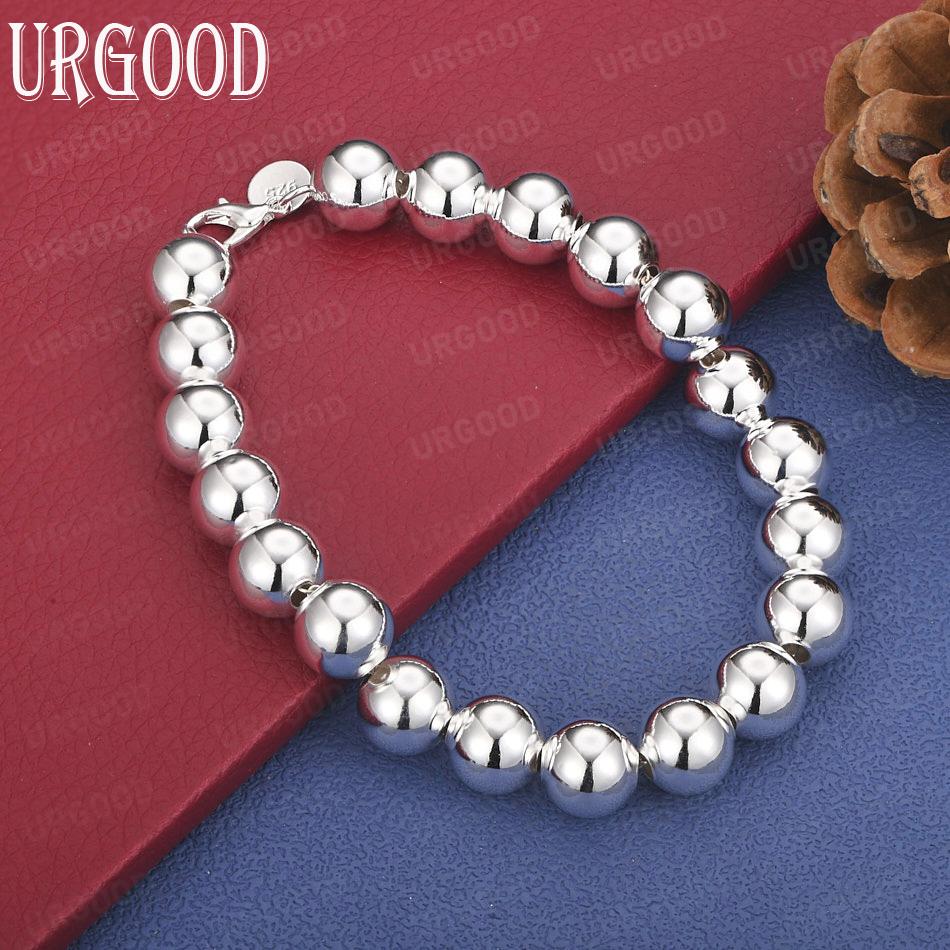 925 Sterling Silver 10mm Round Bead Chain Bracelet Fashion Wedding Jewelry