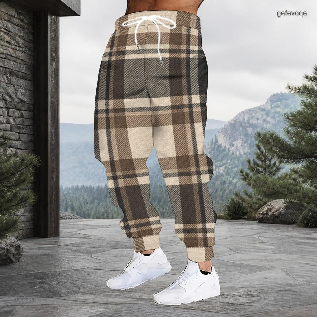 Men s Plus Size Black Grey Plaid Printed Drawstring Waist Cuffed Ankle Jogger Pants