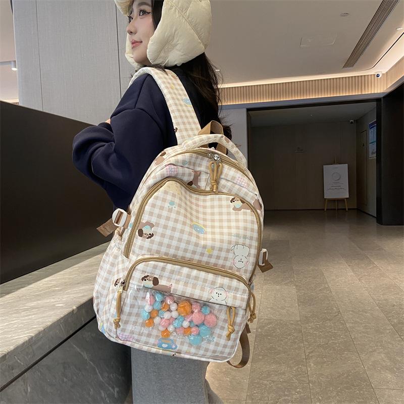 Cartoon Cat Pattern Women's Backpack Plaid Schoolbag