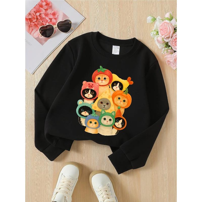 Kids Unisex Crewneck Sweatshirt, Cute Stacked Cats Wearing Fruit Vegetable Cheese Animal Hats Cartoon Print Soft Pullover For Kids Over 4 Years Old 110