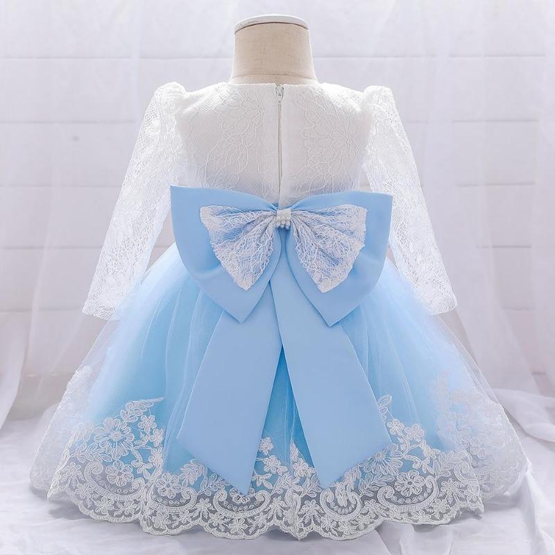 Vestidos para meninas, vestidos de festa e casamento para meninas recém-nascidas, manga comprida, vestidos de renda com laço grande, vestido de princesa para primeiro aniversário de menina