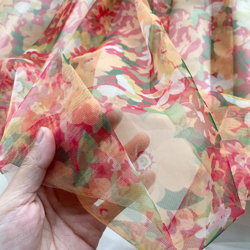 Spleise Mesh Blomstertrykk Kjole Kvinner Sommer Slank Elastisk Midje Firkantet Hals Milde Dame Søte Kjoler