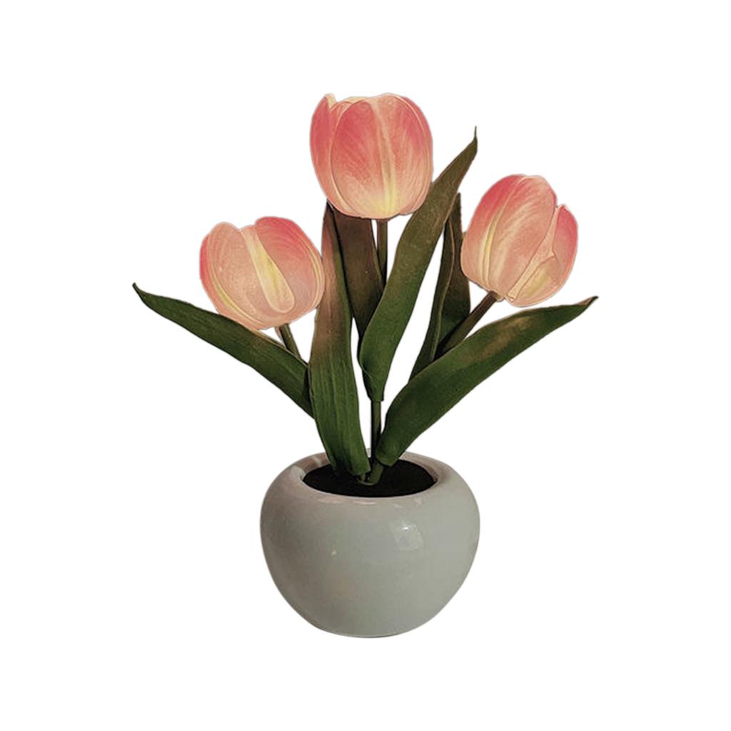 Pink Ceramic Base LED Three Tulip Night Light Artificial Flower Pot Bedroom Bedside Lamp Gift For Best Friend Ins Girly