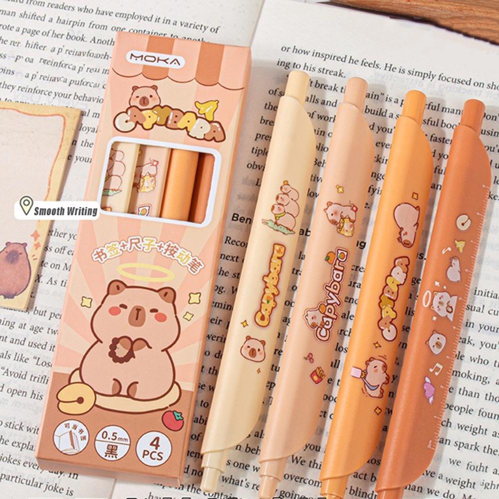 

4PCS/Box Press Using Neutral Pen Ruler Bookmark Ballpoint Pen Office Signature Pen Students Capybara