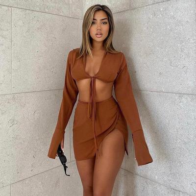 Sexy Langarm Crop Top Und Rock Anzüge Frauen Mode Outfits Passenden Set Split Rock Club Party Kleidung Zwei Stück set
