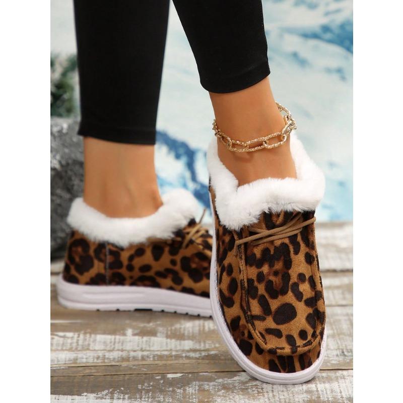 Dámské boty nadměrné velikosti s leopardím vzorem, podšité fleecem, střední výška, zimní novinka, nazouvací, měkké, teplé