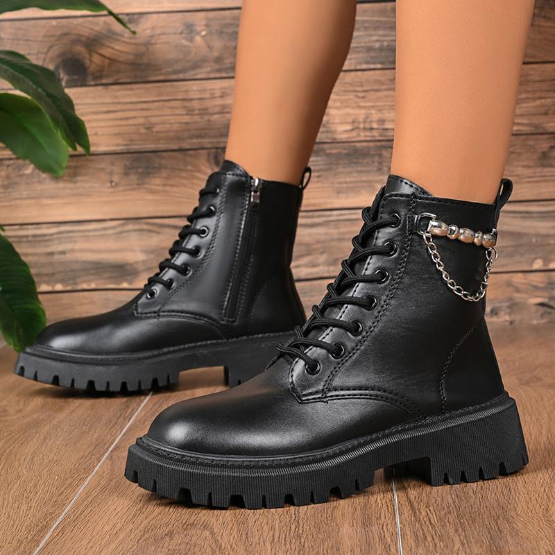 Fashion Black PU Leather Ankle Boots for Women Fashion Chain Decor Motorcycle Platform Boots Woman Autumn Winter Zip Lace Up Botas Mujer