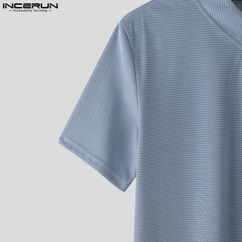 INCERUN Summer Men Short Sleeves Texture Solid Color Tops T-shirts