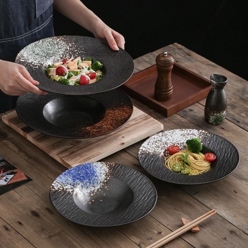 Japanese Western Pasta Deep Plate Seat Ufo Salad Plate Household Black Ceramic Straw Hat Bowl