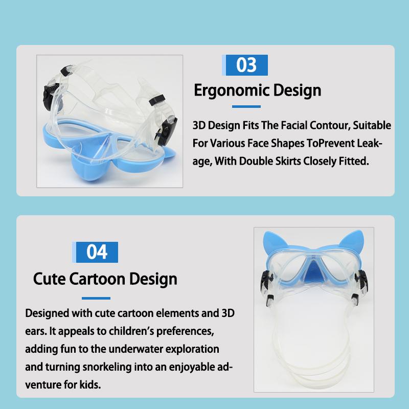 Kids Cartoon 3D Ears Snorkeling Mask Goggles, Tempered Glass Lens, Leak - Proof, Silicone Gear for Swimming & Floating Diving