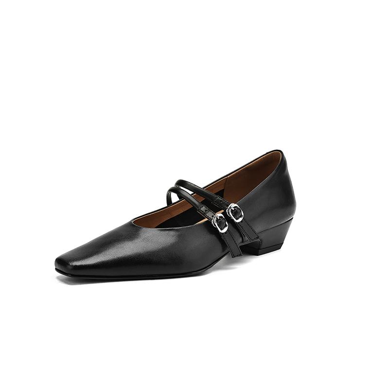 Fashion NEW Spring/Autumn Women Pumps Genuine Leather Shoes for Women Square Toe Chunky Heel Shoes Concise Metal Buckle Mary Jane Shoes