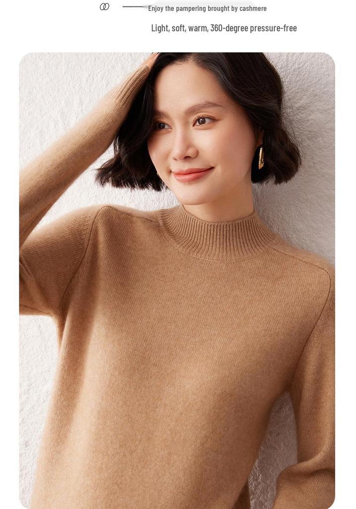 Women's Versatile Cashmere Sweater - Half-High Neck, Thick Pure Color Pullover, Loose Knit Wool Base Layer for Autumn and Winter