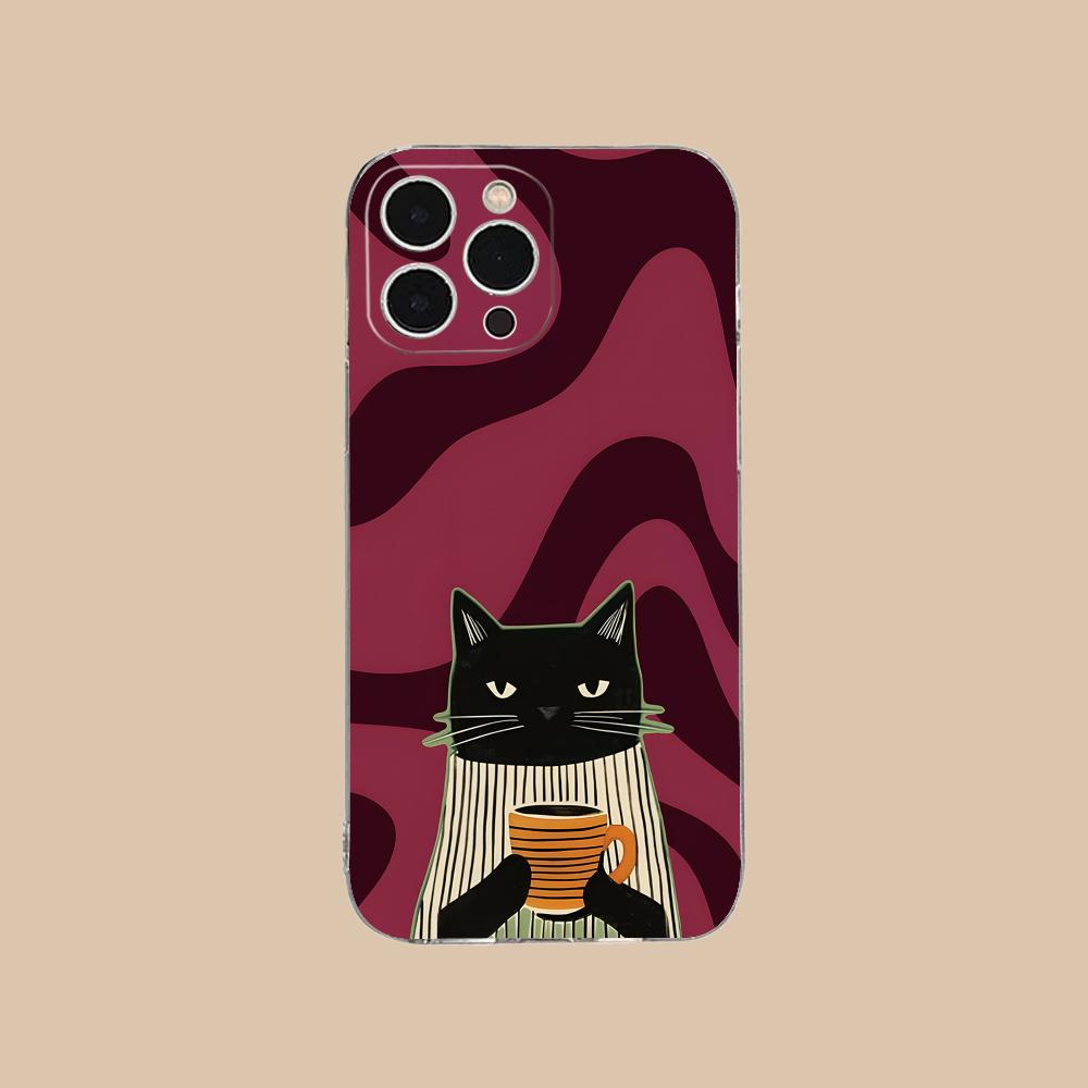 Cute Coffee Cat Clear TPU Mobile Case for iPhone 17 16 15 14 13 12 11 X XR XS Air Pro Max Plus Mini Colorful Cover