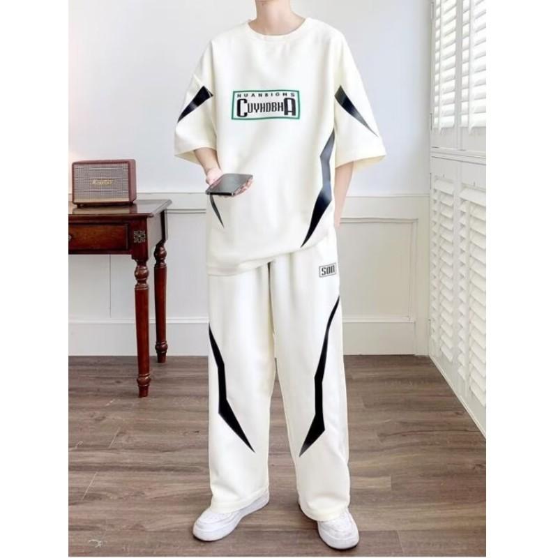

Men s Summer Casual Sports Set Youth Loose-Fit Short-Sleeve T-Shirt + Long Pants Stylish Two-Piece Set 6XL білий