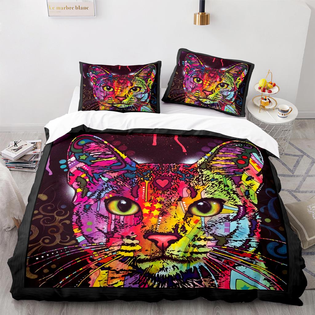 Cat Duvet Cover Set King Size Cute Cats Pattern Bedding Set Decorative Animal Polyester Comforter Cover with Pillowcases for Kid