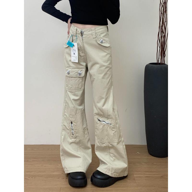 Spice Girl Sand White Versatile Tooling Micro-pull Jeans Women's Spring New Multi-pocket High-waisted Floor-mopping Horn Trousers