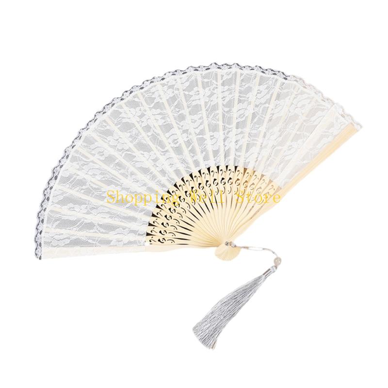 

KX4B Elegant Lace Decorative Hand Fan Vintage Foldable Fabric Handheld Fan Gift For Birthdays Weddings Home Interior Decors білий