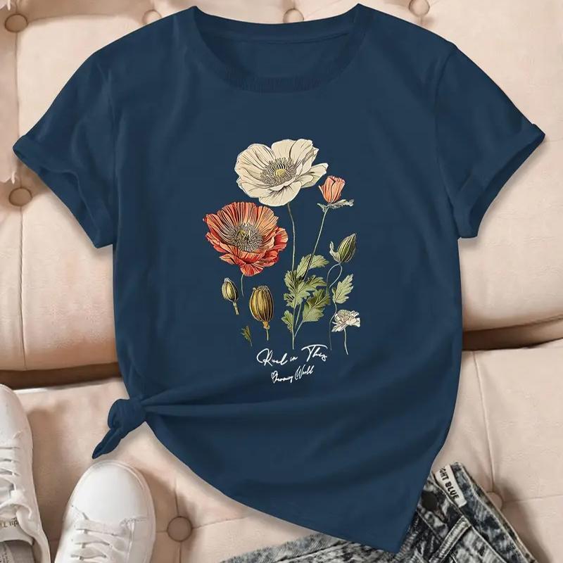Women Summer T Shirt Retro Fashion Short Sleeve Tees Casual  Flower Printed  Tops