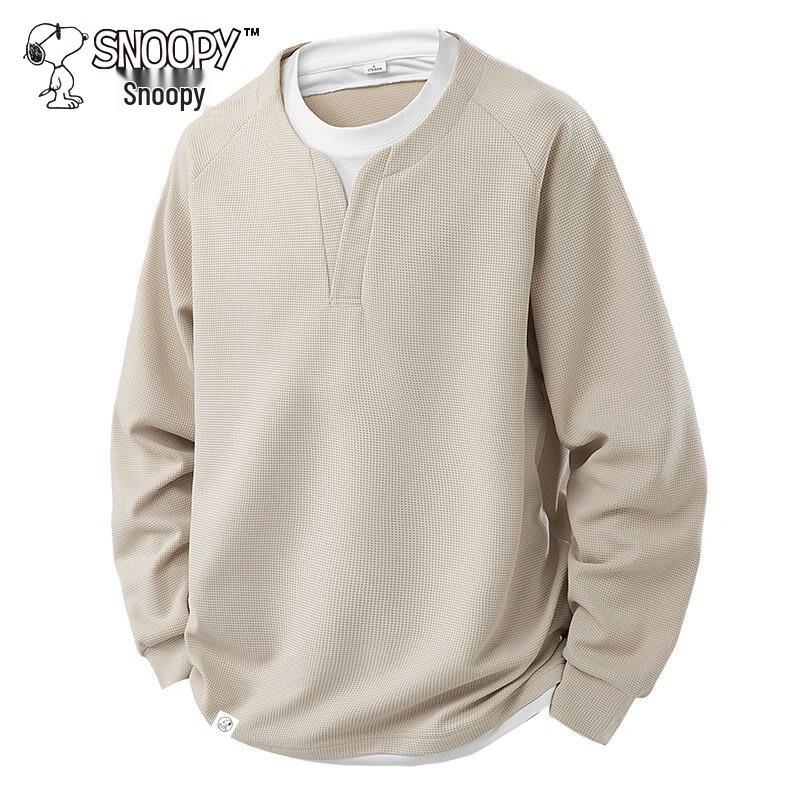 SNOOPY Men's Waffle Knit Faux Two-Piece Crewneck Sweatshirt