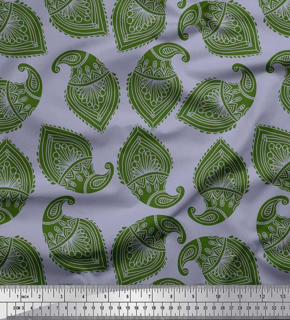 Soimoi Blue Japan Crepe Satin Fabric Green Paisley Printed Craft Fabric by the metre 42 Inch