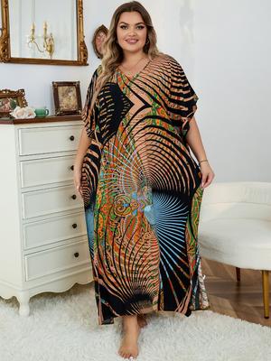 Oversized Women Kaftan Caftan Long Dress Vacation Plus Size Bohemian Printed House Robe Swimsuit Cover-up Light Jacket Beach Wear Q1342
