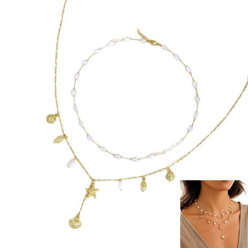 14K Gold Plated Layering Shell Starfish Necklace Adjustable Neck Chain Summer Beach Jewelry Gift For Women