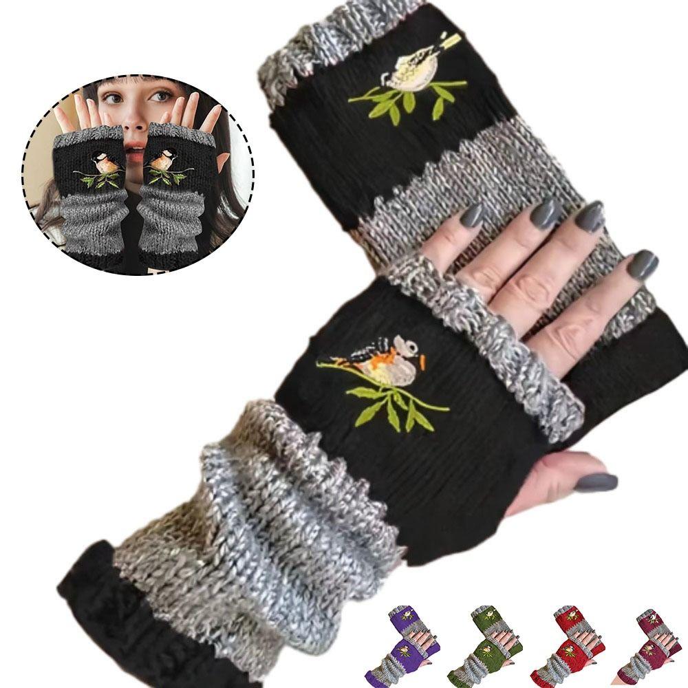 Warm Half Finger Gloves Embroidered Bird Fingerless Gloves Fashion Knit Mittens  for Men Women
