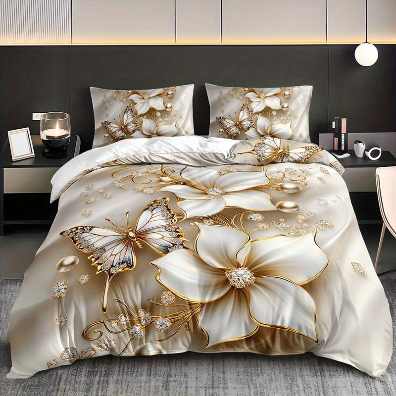 Parure de lit Papillons, Lys, Fleurs, Housse de couette, Reine avec taie d'oreiller, 3D, Pour enfants 135x200cm