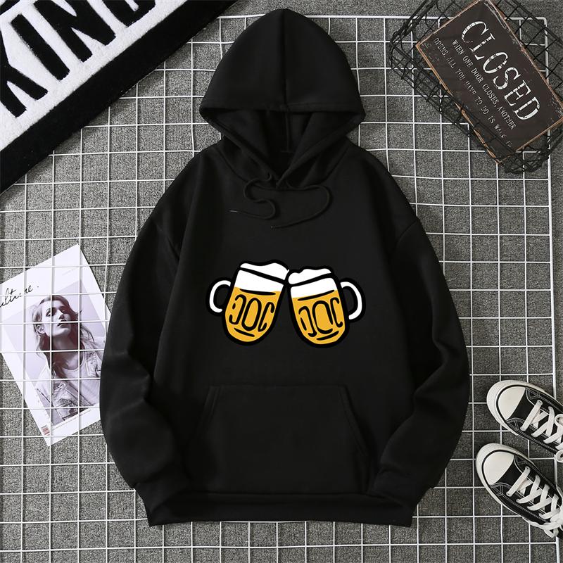 Hoodie Clinking Beer Mugs Print Lively Social and Festive Free Style Graphic Soft Fabric for Celebration-Themed Casual Looks