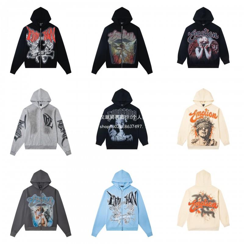 Mens Oversized Hooded Zip-Up Sweatshirt With Rhinestone Letter Print Cotton Streetwear