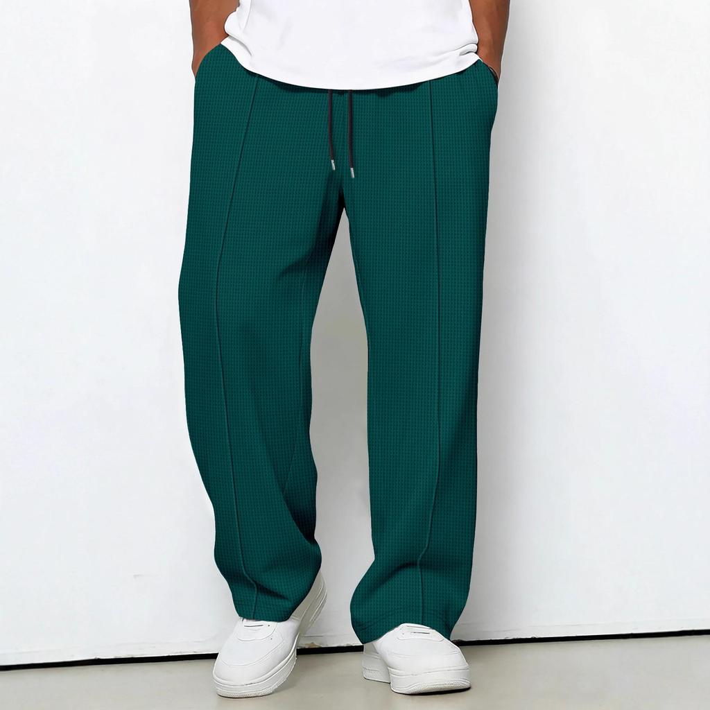 2026 Autumn Men's Solid Color Waffle Lace Trousers Loose Casual Sports Straight Pants