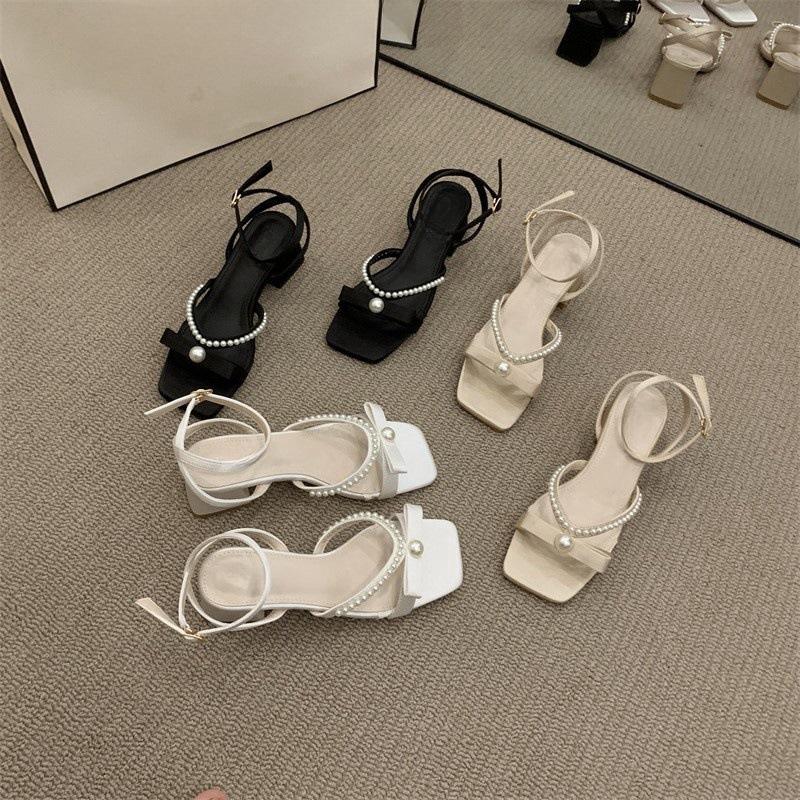 Coarse Heel Open-toed Versatile Sandals Women's Shoes Trendy Pearl Shoes