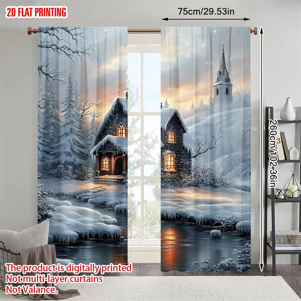 2pcs   plane printing Popular Curtains Snowy Forest Cabin Scenery Durable 100% Polyester Fabric (without rod) Versatile All Use