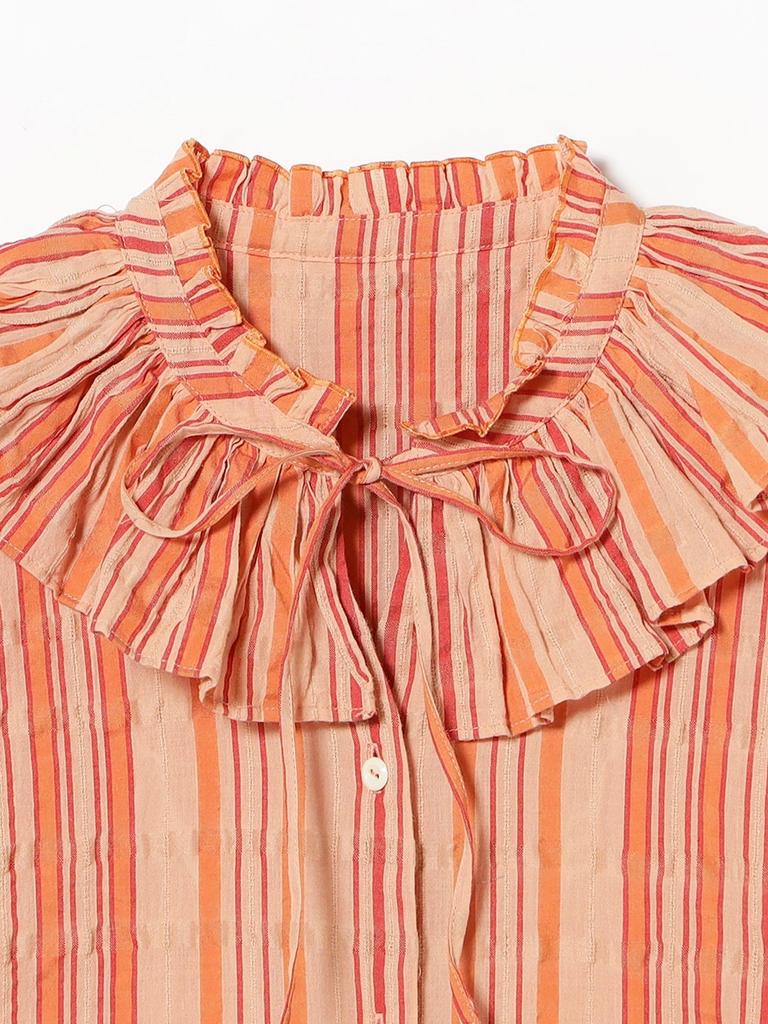 Beams Boy Women's Striped Ruffle Short Sleeve S/S Shirt, Pink Free