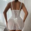 Bow Decor Deep V-neck Backless Pajamas Thong Set Crochet Lace See-through Ladies Sleepwear Briefs Set Ladies Clothing