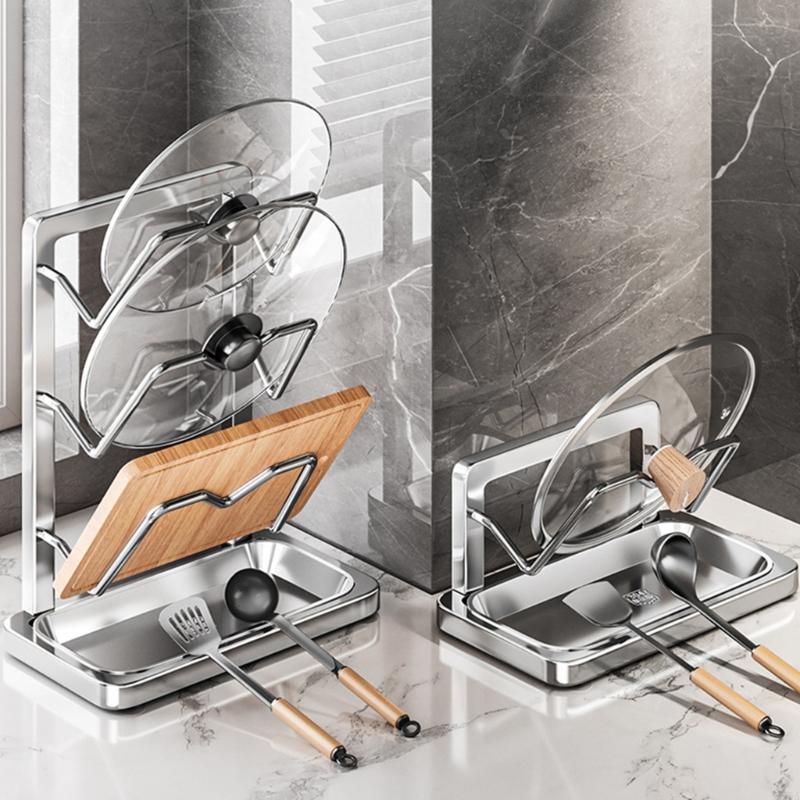 Stainless Steel 304 Pot Lid Holder Wall Mounted Rustproof Cutting Board Storage Rack Space Saving Kitchen Organizer
