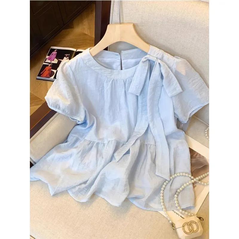 

Женская светло-голубая льняная блузка с коротким рукавом, круглым вырезом, деталью в виде банта и воланами по низу, повседневный топ S синий
