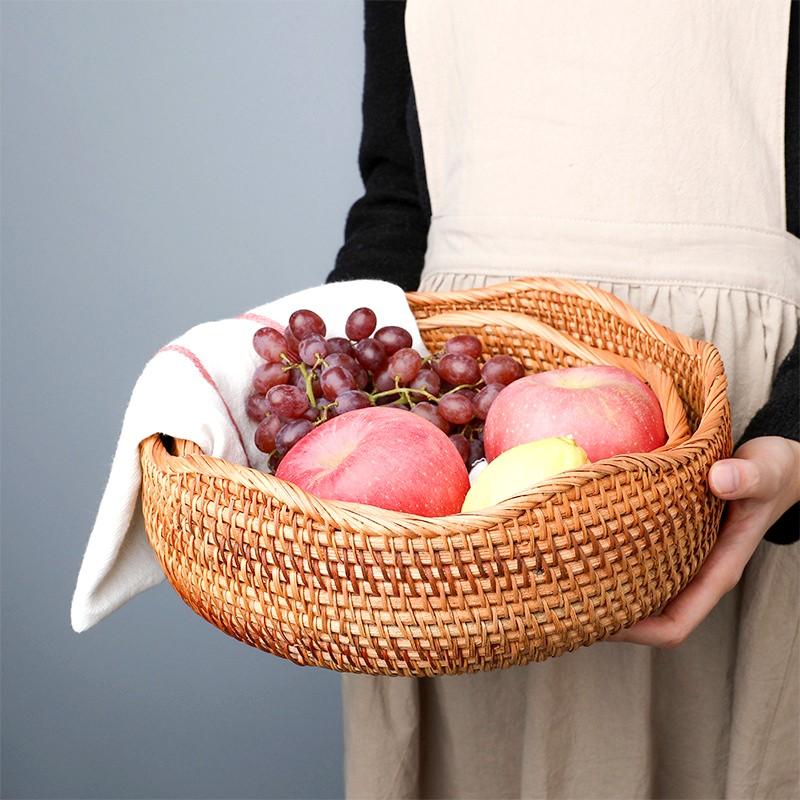 Handwoven Storage Basket Rattan Storage Tray Bread Fruit Breakfast Tea Picnic Cake Snacks Basket Rattan Kitchen Storage Basket
