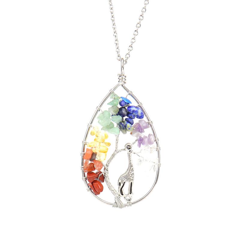 Handmade Copper Wire Wound Natural Gravel Crystal Giraffe Life Tree Fortune Tree Necklace N53