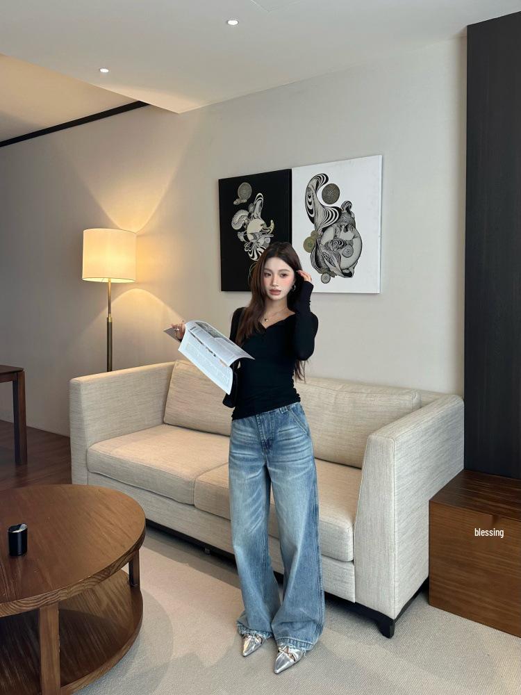 

11KN American Retro Unisex Straight-Leg Jeans: Street Style, Loose-Fit, Worn-Out Washed, Floor-Length Casual Trousers XL