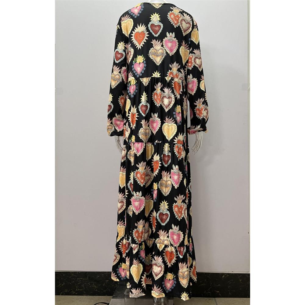 Damen Langarm V-Ausschnitt Locker Lang Bedruckt Übergröße Kleid Kleidung Verkauf