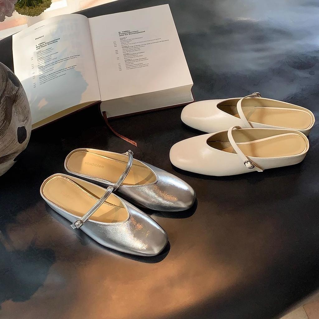 Sheepskin version~ inner height increase word with leather sandals women's shoes shallow mouth bag head half slippers