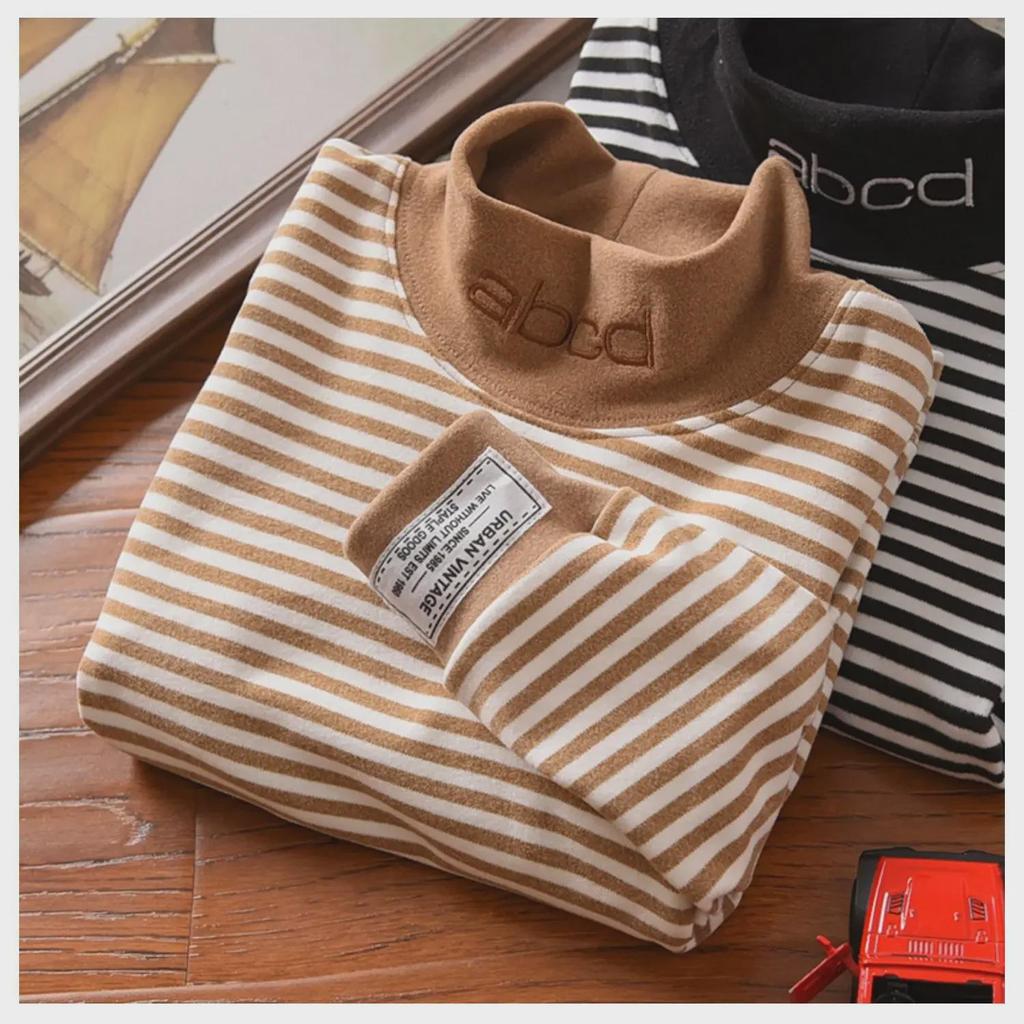 2023 Boys' Half Turtleneck Striped Tops: Warm and Stylish Autumn/Winter Shirts for Kids
