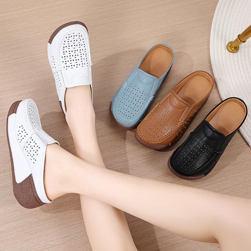 Women PU Leather Platform Slippers Hollow-out Fashion Casual Shoes Wedge Heels Casual Loafers Elegant Mother Shoes